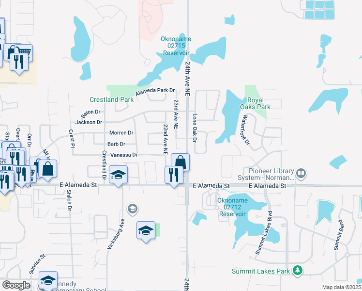 map of restaurants, bars, coffee shops, grocery stores, and more near 2305 Carolyn Court in Norman