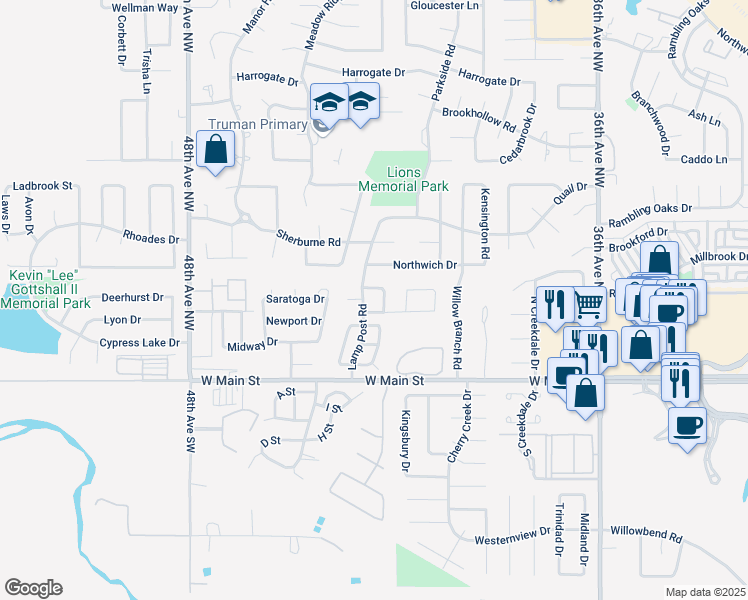 map of restaurants, bars, coffee shops, grocery stores, and more near 316 Lamp Post Road in Norman