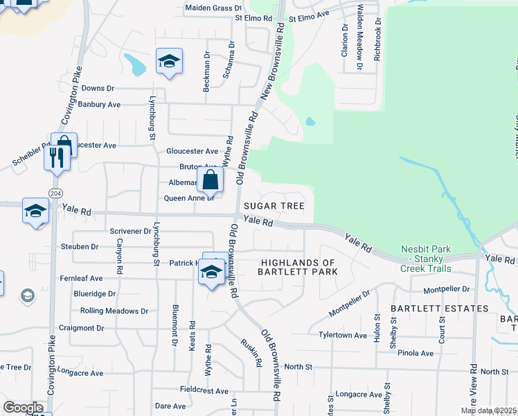 map of restaurants, bars, coffee shops, grocery stores, and more near 5449 Pine Oak Lane in Bartlett