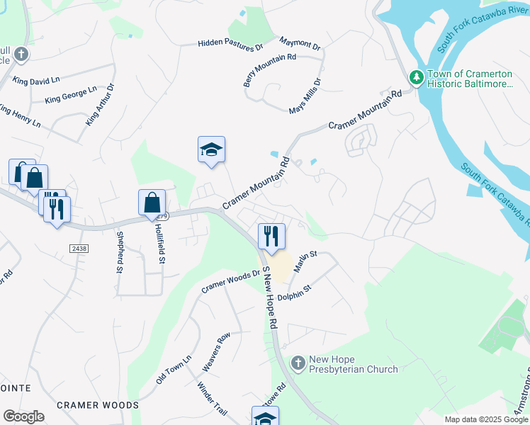 map of restaurants, bars, coffee shops, grocery stores, and more near 1134 Stuarts Landing Drive in Cramerton