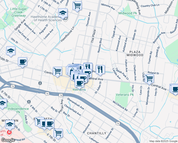 map of restaurants, bars, coffee shops, grocery stores, and more near 1717 Hamorton Place in Charlotte