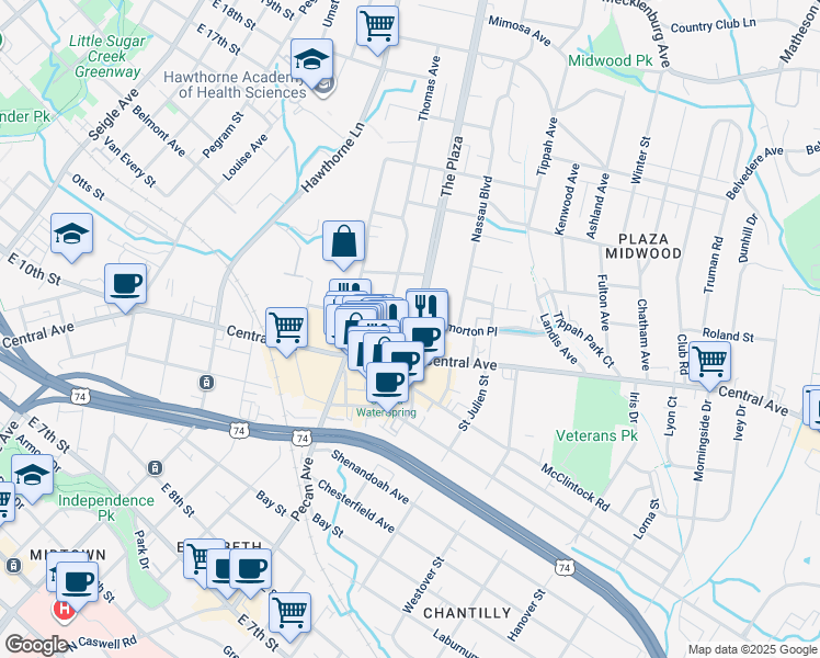 map of restaurants, bars, coffee shops, grocery stores, and more near 1331 The Plaza in Charlotte