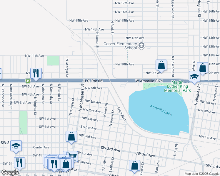 map of restaurants, bars, coffee shops, grocery stores, and more near 2308 Front Boulevard in Amarillo