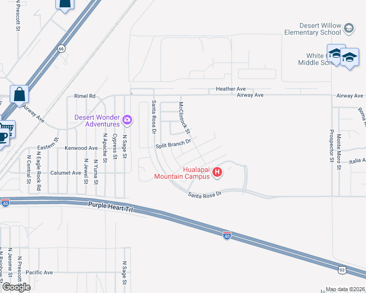 map of restaurants, bars, coffee shops, grocery stores, and more near 3613 Split Branch Drive in Kingman