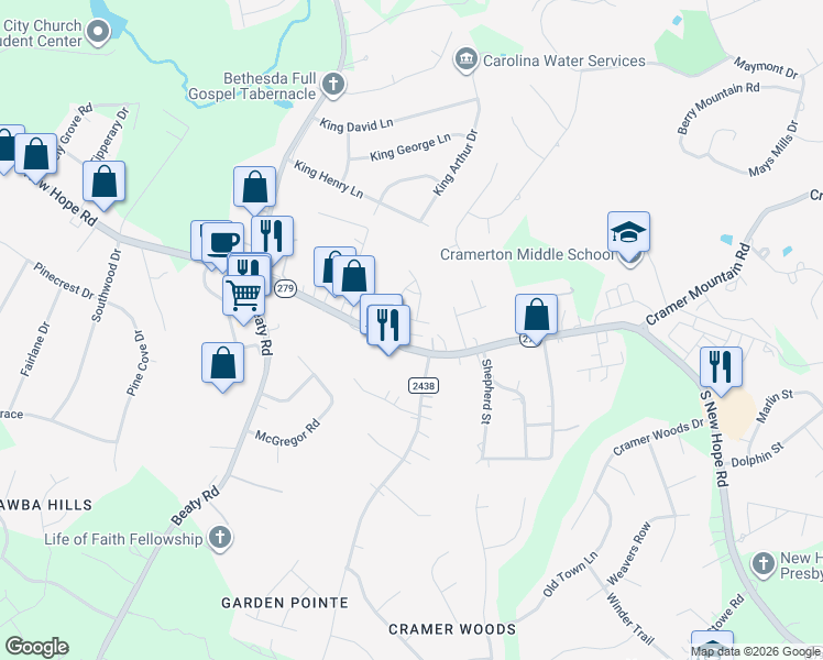 map of restaurants, bars, coffee shops, grocery stores, and more near 3845A South New Hope Road in Gastonia