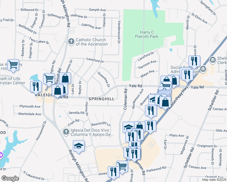 map of restaurants, bars, coffee shops, grocery stores, and more near 4331 Yale Road in Memphis