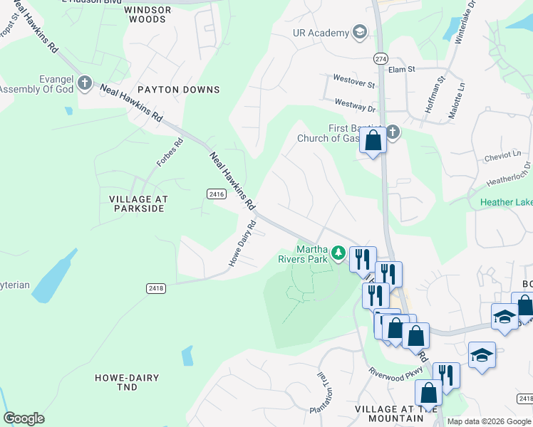 map of restaurants, bars, coffee shops, grocery stores, and more near 1309 Rivermont Drive in Gastonia