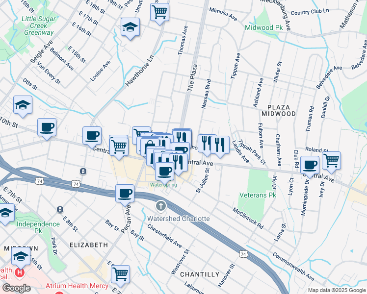 map of restaurants, bars, coffee shops, grocery stores, and more near 1717 Hamorton Place in Charlotte