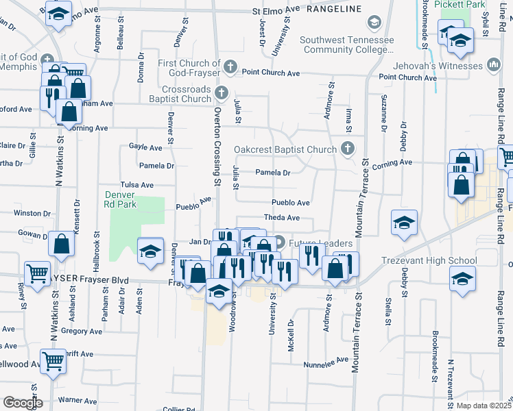 map of restaurants, bars, coffee shops, grocery stores, and more near 2183 Pueblo Avenue in Memphis