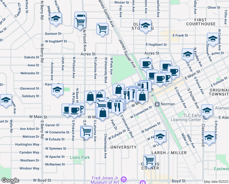 map of restaurants, bars, coffee shops, grocery stores, and more near 321 West Tonhawa Street in Norman