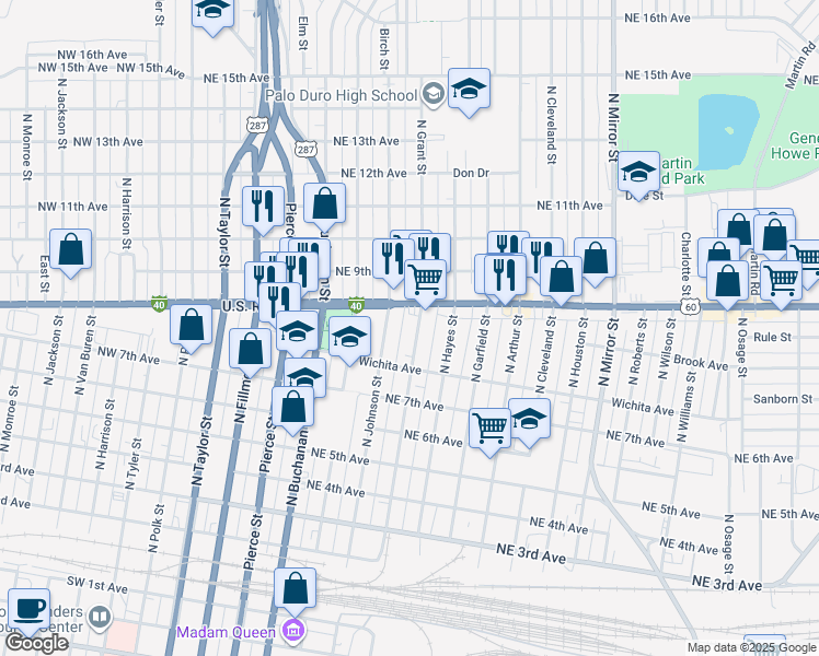 map of restaurants, bars, coffee shops, grocery stores, and more near 732 North Johnson Street in Amarillo