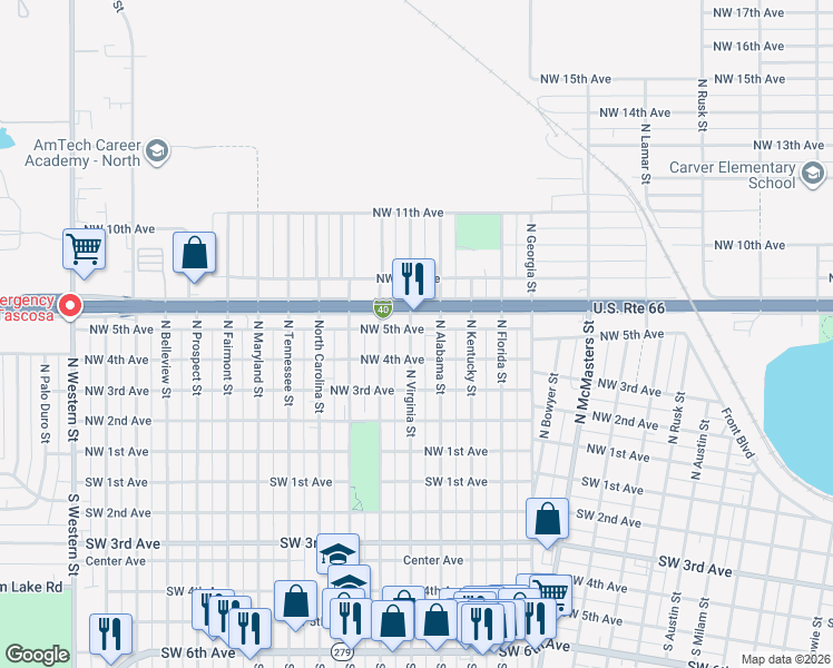 map of restaurants, bars, coffee shops, grocery stores, and more near 410 North Virginia Street in Amarillo