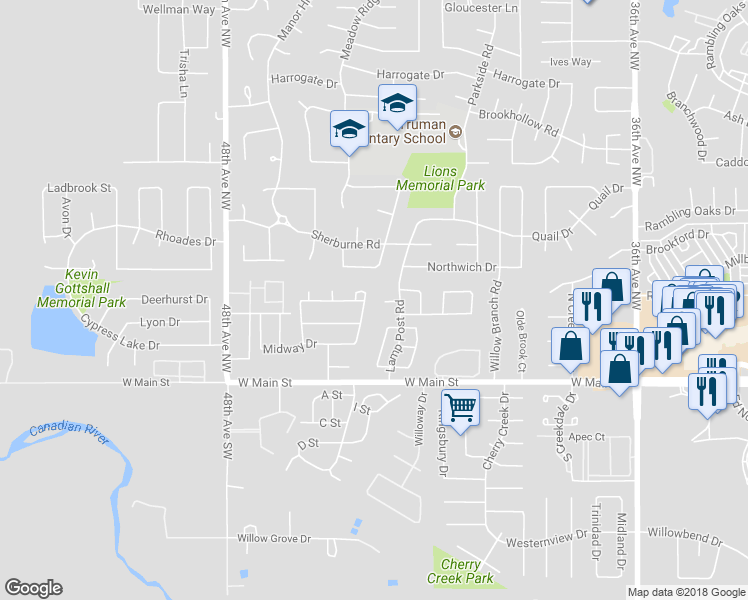 map of restaurants, bars, coffee shops, grocery stores, and more near 301 Victory Court in Norman