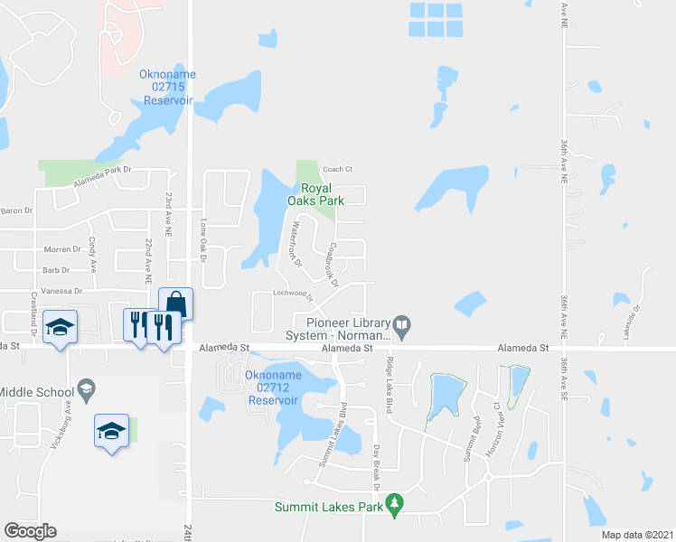 map of restaurants, bars, coffee shops, grocery stores, and more near 312 Pine Cove Court in Norman