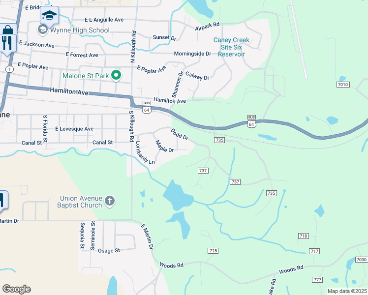 map of restaurants, bars, coffee shops, grocery stores, and more near 316 Bledsoe Drive in Wynne