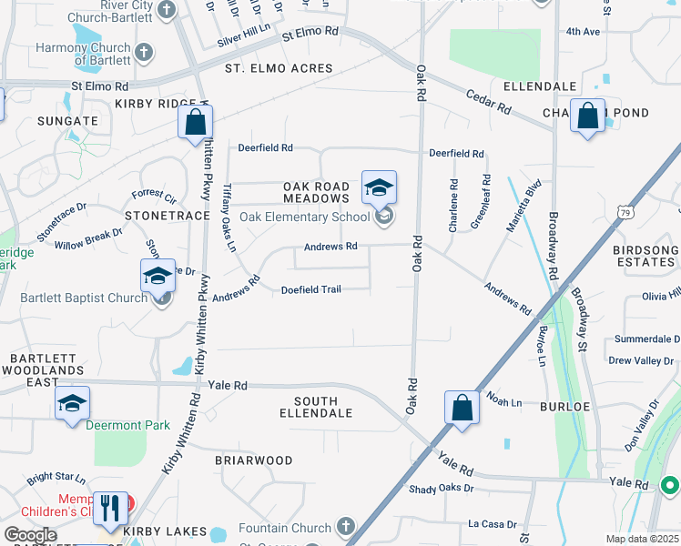 map of restaurants, bars, coffee shops, grocery stores, and more near 7007 Meadowlands Place in Bartlett