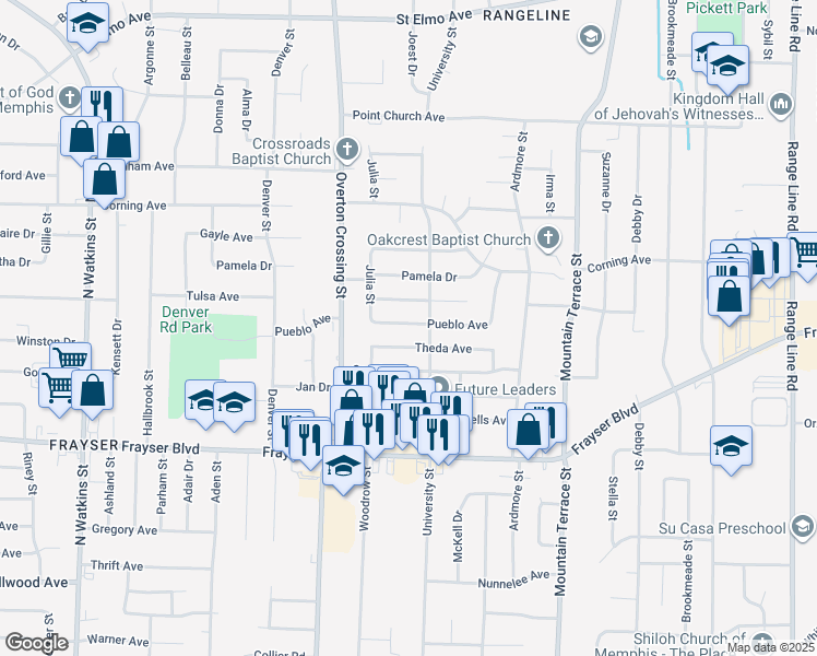 map of restaurants, bars, coffee shops, grocery stores, and more near 2189 Pueblo Avenue in Memphis