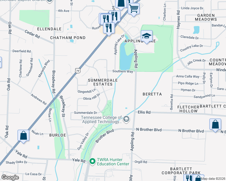 map of restaurants, bars, coffee shops, grocery stores, and more near 7559 Olivia Hill Drive in Memphis