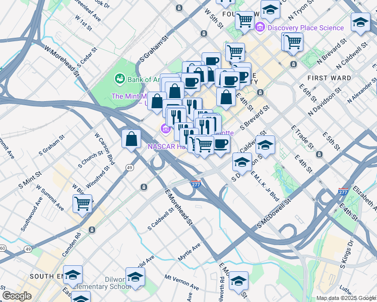 map of restaurants, bars, coffee shops, grocery stores, and more near 260 East Stonewall Street in Charlotte