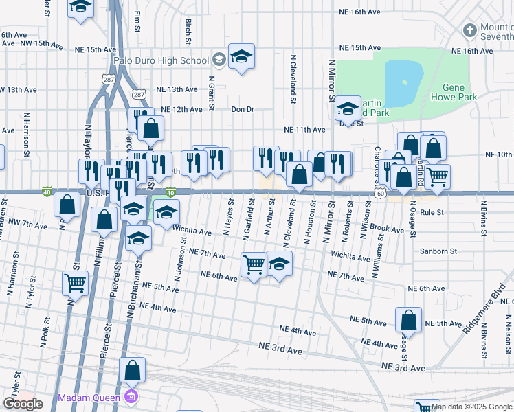 map of restaurants, bars, coffee shops, grocery stores, and more near 737 N Garfield St in Amarillo