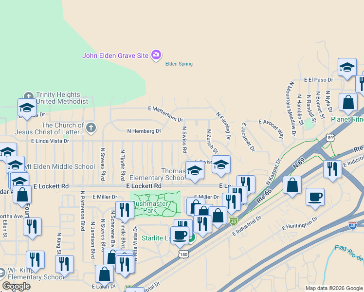 map of restaurants, bars, coffee shops, grocery stores, and more near 3809 North Swiss Road in Flagstaff