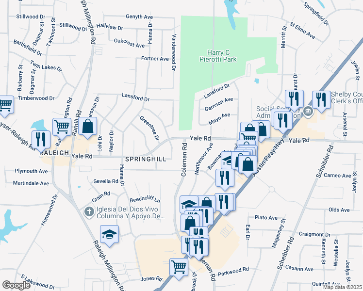 map of restaurants, bars, coffee shops, grocery stores, and more near 3505 Coleman Road in Memphis