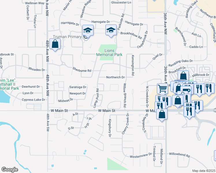 map of restaurants, bars, coffee shops, grocery stores, and more near 318 Town Park Road in Norman