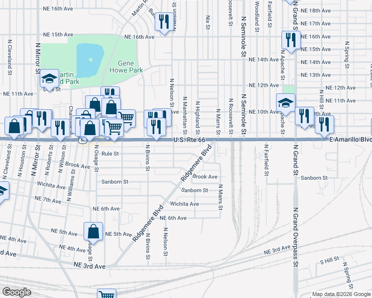 map of restaurants, bars, coffee shops, grocery stores, and more near 2802 East Amarillo Boulevard in Amarillo