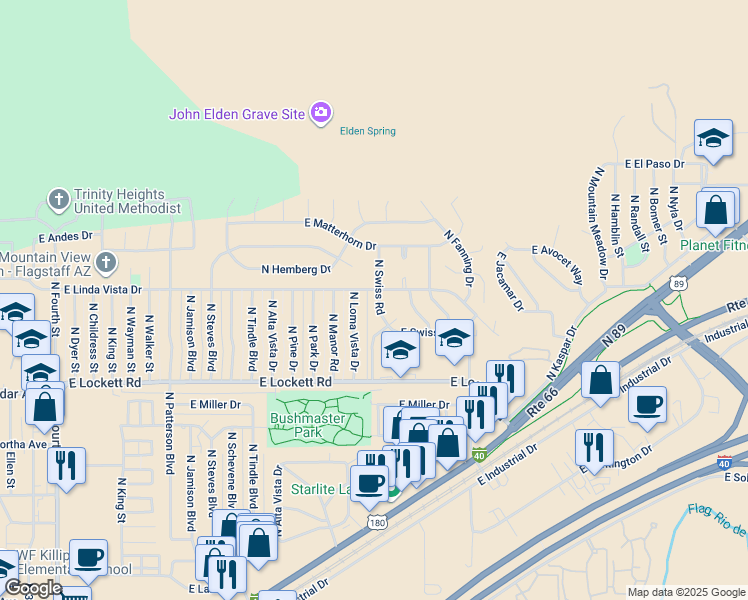 map of restaurants, bars, coffee shops, grocery stores, and more near 3809 North Swiss Road in Flagstaff
