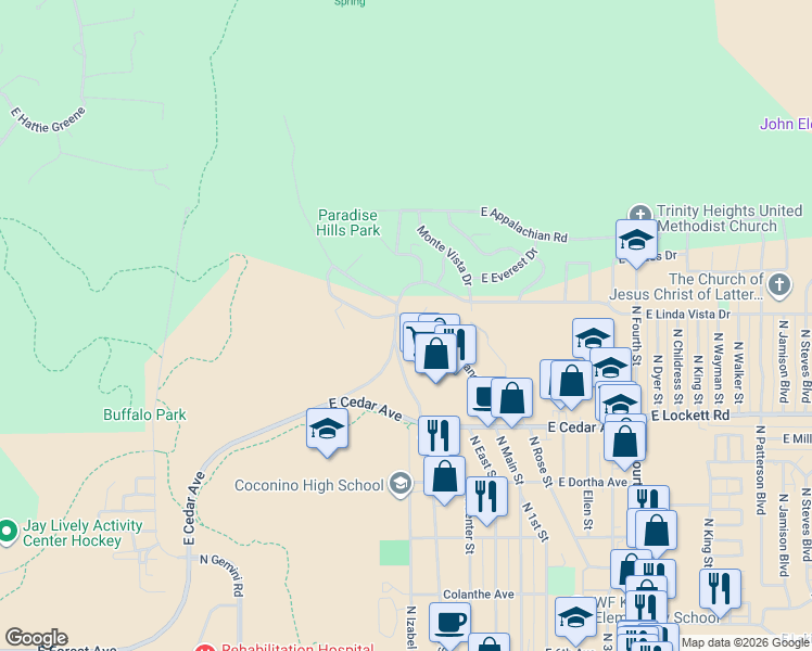 map of restaurants, bars, coffee shops, grocery stores, and more near 3509 North Grandview Drive in Flagstaff