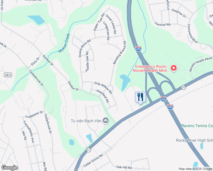 map of restaurants, bars, coffee shops, grocery stores, and more near 11707 Bending Branch Road in Charlotte