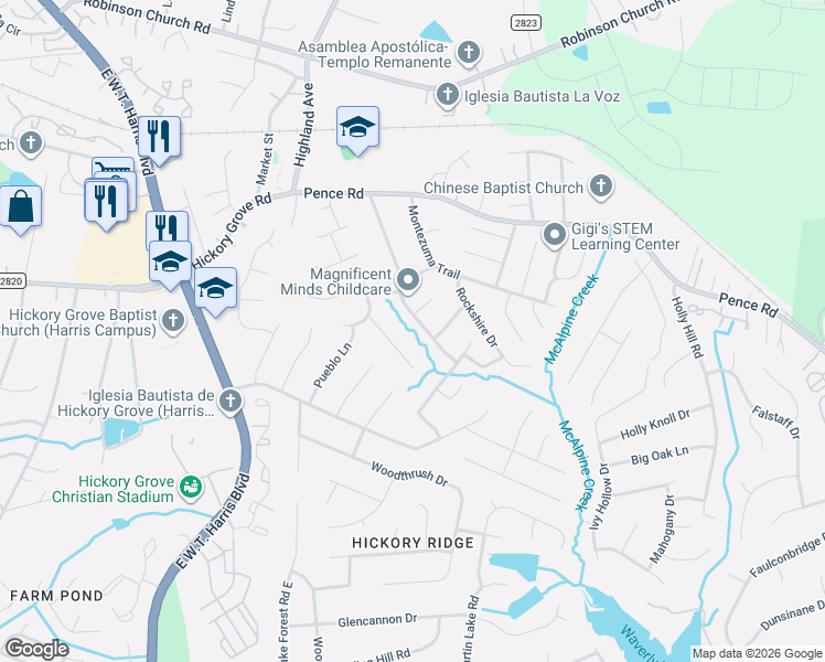 map of restaurants, bars, coffee shops, grocery stores, and more near 6710 Accrington Court in Charlotte