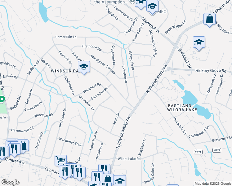 map of restaurants, bars, coffee shops, grocery stores, and more near 4208 Sudbury Road in Charlotte