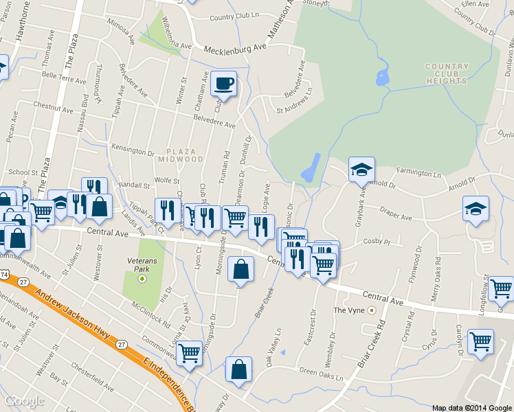 map of restaurants, bars, coffee shops, grocery stores, and more near 1716 Dearmon Drive in Charlotte