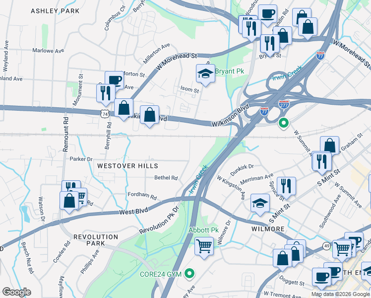 map of restaurants, bars, coffee shops, grocery stores, and more near 2015 Cartier Way in Charlotte