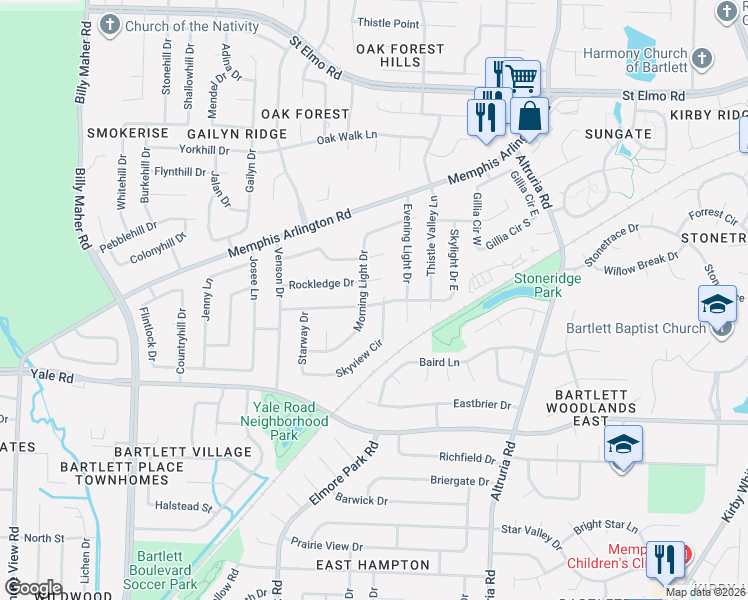 map of restaurants, bars, coffee shops, grocery stores, and more near 3512 Morning Light Drive in Bartlett
