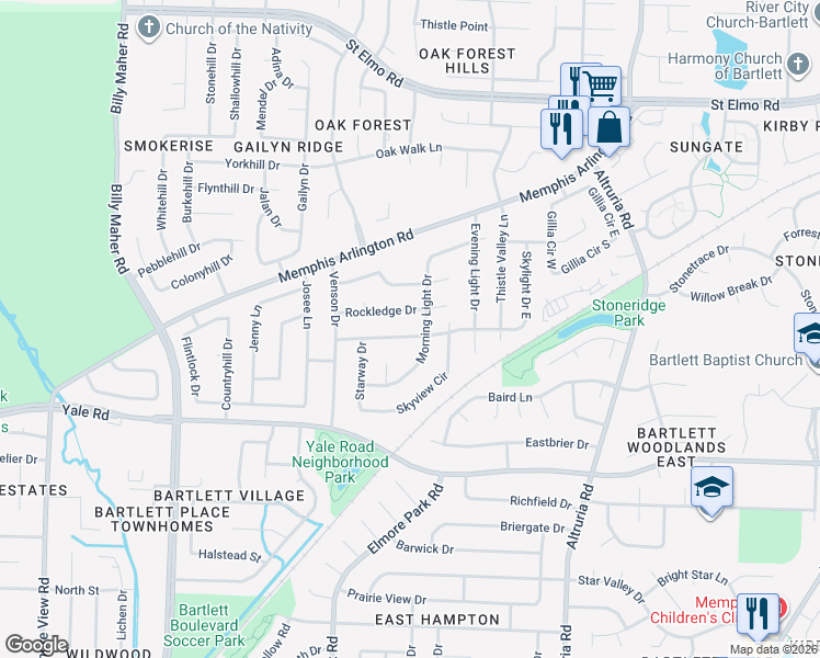 map of restaurants, bars, coffee shops, grocery stores, and more near 6255 Rockledge Drive in Memphis
