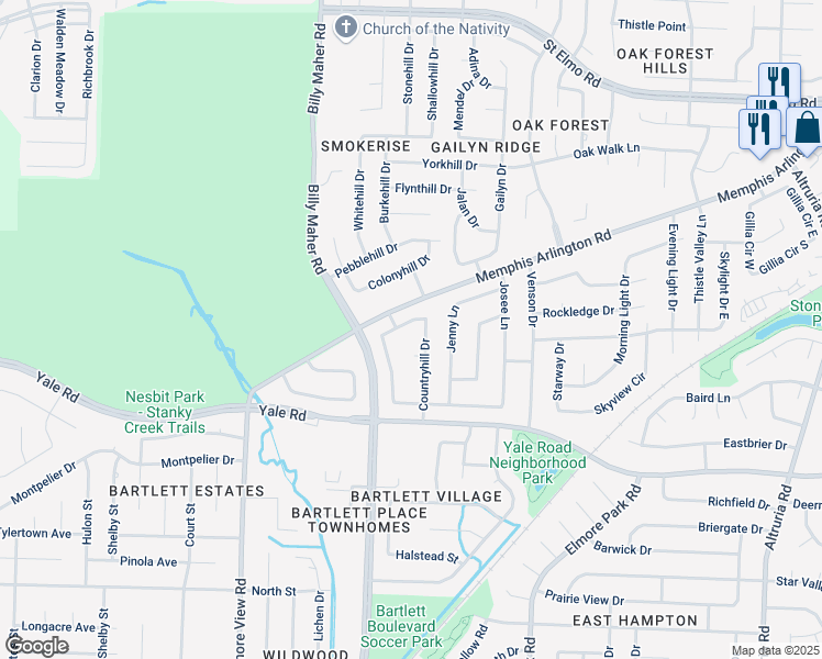 map of restaurants, bars, coffee shops, grocery stores, and more near 6034 Bartley Ridge Drive in Memphis
