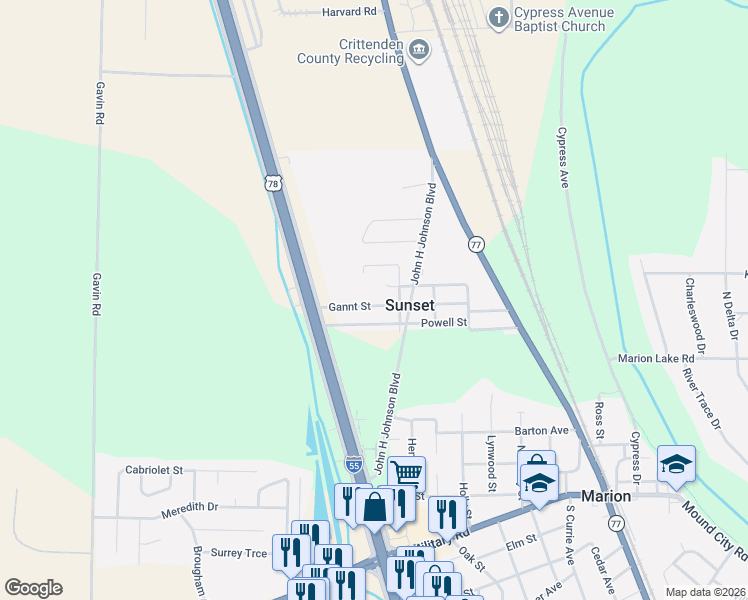 map of restaurants, bars, coffee shops, grocery stores, and more near 308 Gannt Street in Marion
