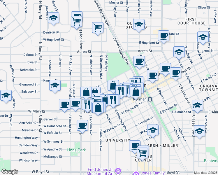map of restaurants, bars, coffee shops, grocery stores, and more near 321 West Tonhawa Street in Norman