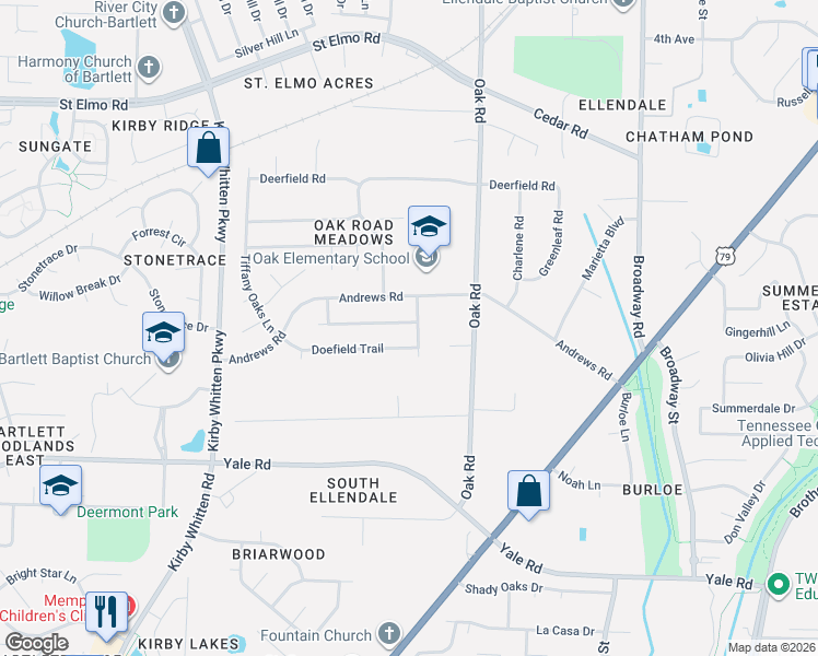 map of restaurants, bars, coffee shops, grocery stores, and more near 7014 Meadowlands Place in Memphis