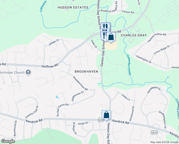 map of restaurants, bars, coffee shops, grocery stores, and more near 2130 Brookberry Lane in Gastonia