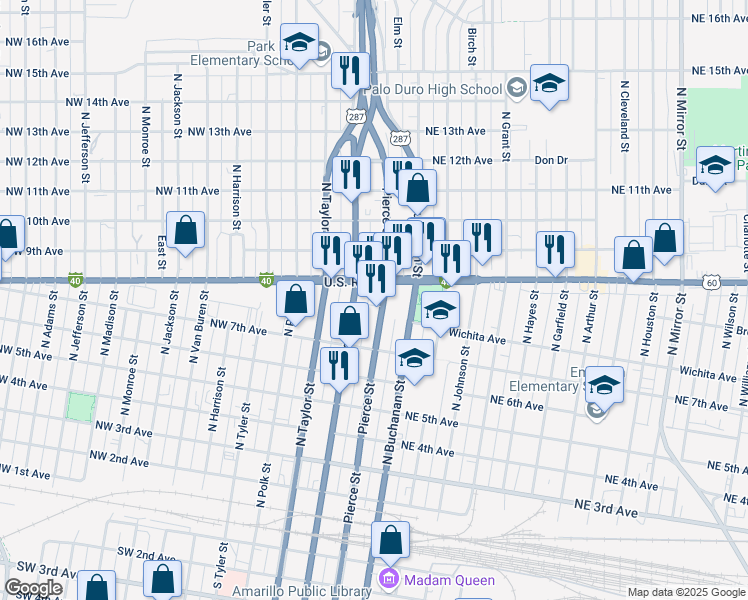 map of restaurants, bars, coffee shops, grocery stores, and more near 316 East Amarillo Boulevard in Amarillo