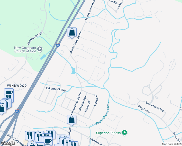 map of restaurants, bars, coffee shops, grocery stores, and more near 5119 Creek Bend Circle Northwest in Cleveland