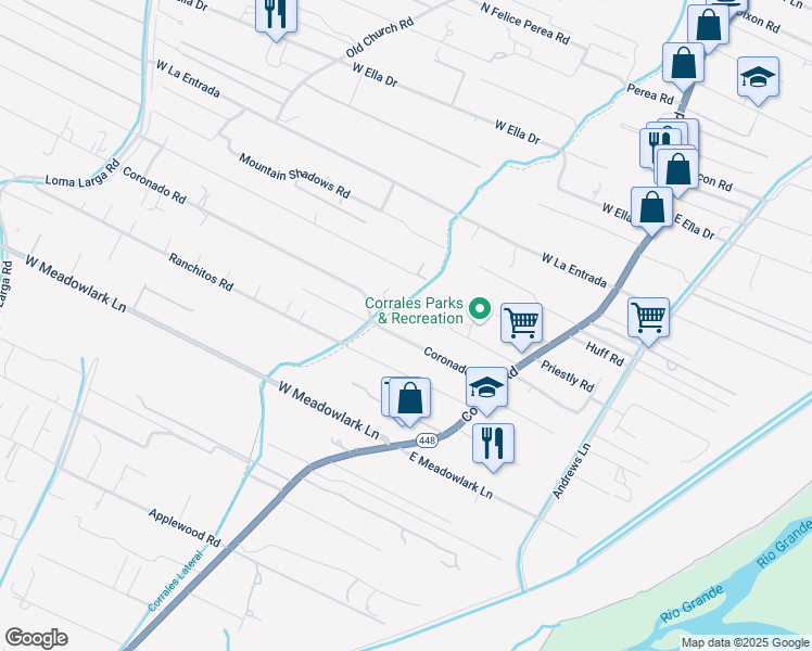map of restaurants, bars, coffee shops, grocery stores, and more near 230 Coronado Road in Corrales