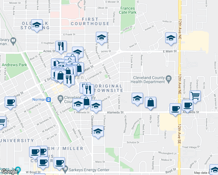 map of restaurants, bars, coffee shops, grocery stores, and more near 624 East Symmes Street in Norman