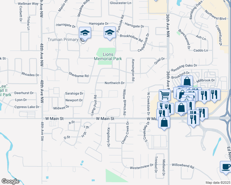 map of restaurants, bars, coffee shops, grocery stores, and more near 4012 Potomac Drive in Norman
