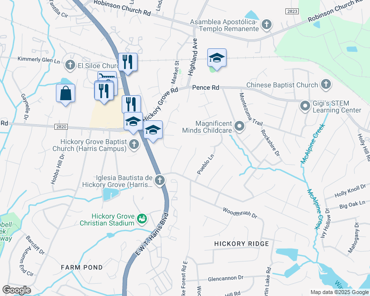 map of restaurants, bars, coffee shops, grocery stores, and more near 6730 Park Hickory Drive in Charlotte