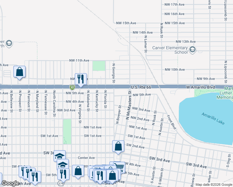 map of restaurants, bars, coffee shops, grocery stores, and more near 2701 West Amarillo Boulevard in Amarillo