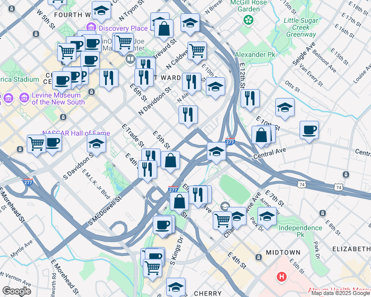 map of restaurants, bars, coffee shops, grocery stores, and more near in Charlotte